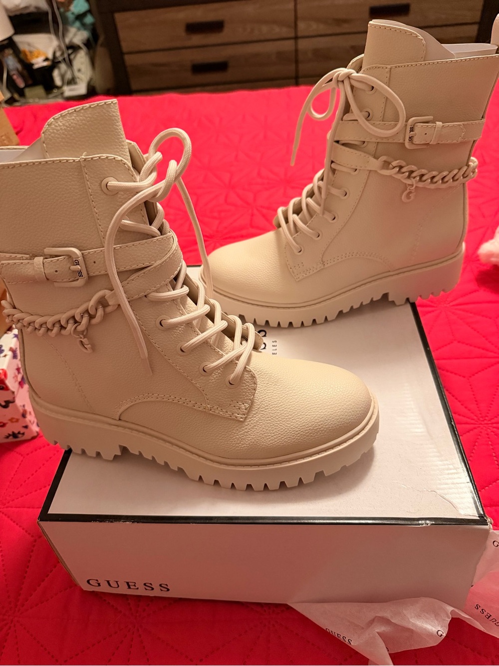 GUESS Cream Lace-Up Combat Boots with Chain and Buckle Detail